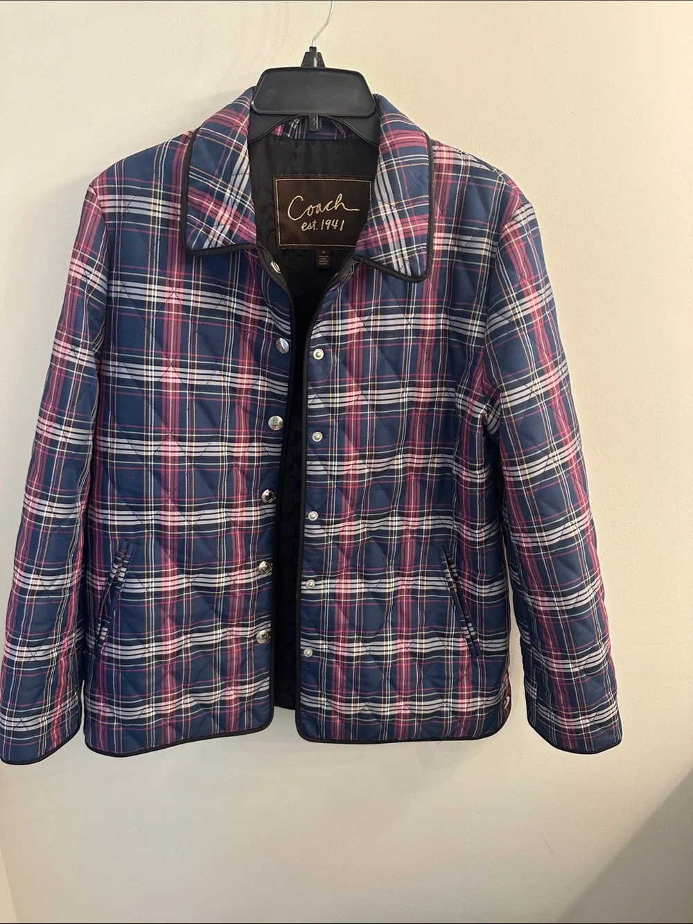 Coach Plaid Quilted Snap Front Jacket in Navy and Pink SZ M